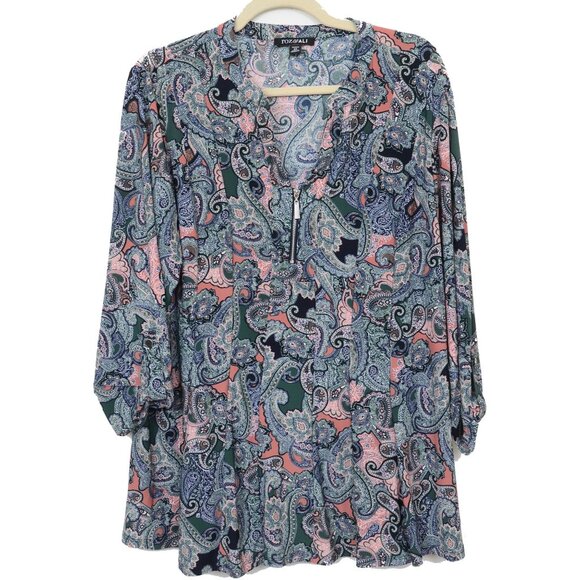Roz & Ali Woman Plus Size 2X Paisley Zipper Front 3/4 Sleeve Blouse Tunic Top - Picture 1 of 4